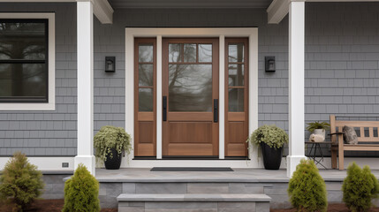 Welcoming Home Entrance with Gray Siding and Wooden Door Flanked by Potted Plants