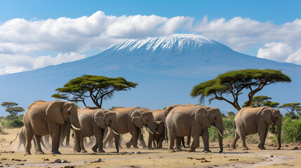 Fototapeta premium Group of elephants in a safari, generative ai