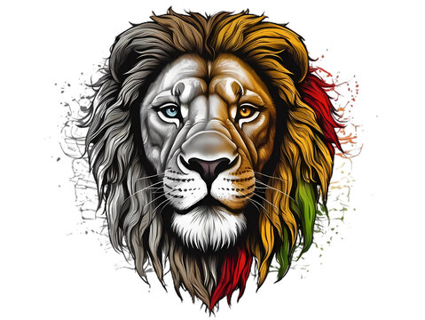 Lion of Judah face eps vector art image illustration. Rasta Jamaican lion head front view with rastafarian reggae colors on dark background