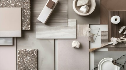 Creative flat lay composition with textile and paint samples, panels and cement tiles. Stylish interior designer moodboard. Light beige and gray color palette. Copy space. Template.