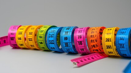 colorful measuring tapes front view on gray background