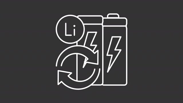 Animated battery recycle white icon. Accumulator recovery line animation. Rechargeable battery, lithium. Isolated illustration on dark background. Transition alpha video. Motion graphic