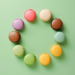 Obraz premium Colorful Macarons Cake, Top View Flat Lay on Green Background. Minimalist Food Pattern
