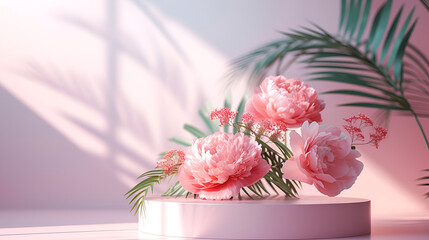 3D podium display pastel pink background with rose flowers, generative ai