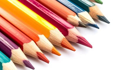Colored pencils isolated on white background. Top view, flat lay
