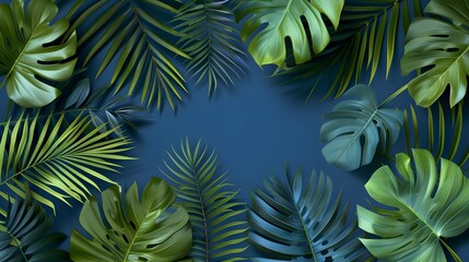 Collection of Tropical Leaves on Blue Background