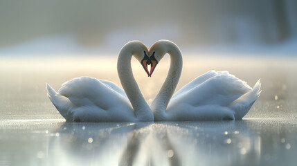 The couple of swans with their necks form a heart Mating games of a pair of white swans, generative ai