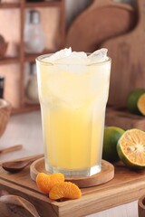 fresh orange juice with ice cubes