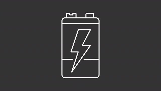 Animated chargeable cell white icon. Battery sustainability line animation. Accumulator recycling. Lithium ion reusing. Isolated illustration on dark background. Transition alpha video. Motion graphic