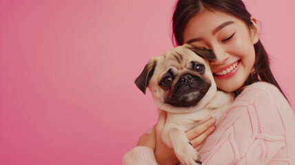 Joyful Moment: Young Woman Hugging Her Pug, A young woman shares a joyful moment with her pug, both basking in the gentle embrace under a soft pink backdrop.