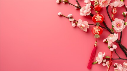 Chinese New Year decorations on a pink background. Top view. flat lay