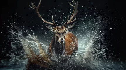 Plexiglas foto achterwand deer in black background with water splash © Balerinastock