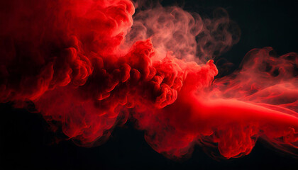 Fototapeta premium A vivid red smoke, swirling against a dark backdrop, creating a mystical aura. Ideal for themes of mystery, energy or art. The composition highlights the smoke’s fluid motion.