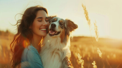 Sunset Bonds: Woman with Her Australian Shepherd, In the warm glow of sunset, a woman enjoys a serene moment with her loyal Australian Shepherd in a field of gold.