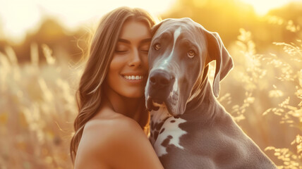 Canine Affection: Woman Lovingly Hugs Grey Great Dane in Blooming Field, A tranquil field of blooms sets the scene as a woman gently hugs her Grey Great Dane, a picture of pure canine affection. - obrazy, fototapety, plakaty