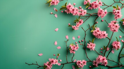 Cherry tree blossom branch on green background flat lay. Pink flowering buds top view template web banner copy space