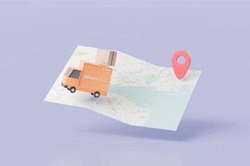 Truck express delivery shipping navigation pin pointer map location GPS online delivery parcels box or cardboard box concept. minimal cartoon style creative. 3d rendering.