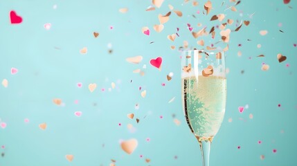 Champagne glass with falling pastel color heart shaped confetti over a blue background. Banner with...