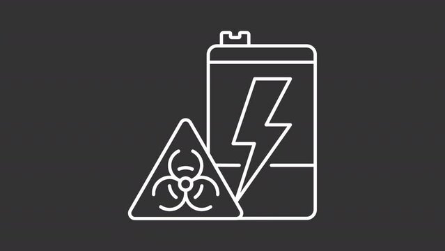 Toxic battery white line animation. Hazardous waste animated icon. Electronic waste reprocess. Accumulator recycling. Isolated illustration on dark background. Transition alpha video. Motion graphic