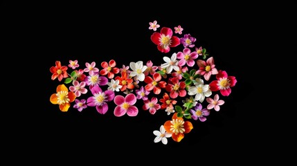 Arrow made of flowers on dark background. Direction symbol