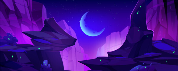 Night cartoon vector landscape with high rocky cliff edges over chasm on background of dark blue sky with stars and crescent moon. Mystic purple light from gap canyon surrounded by stone mountains. - obrazy, fototapety, plakaty