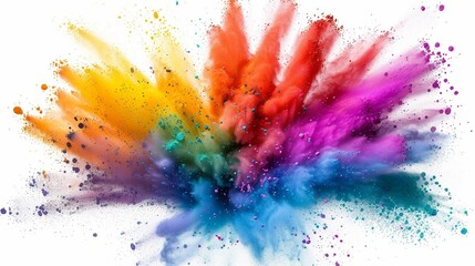 Multicolored explosion of rainbow holi powder paint isolated on white background. Generative AI.