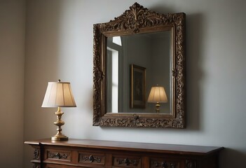 An ornate, antique mirror on a hallway wall