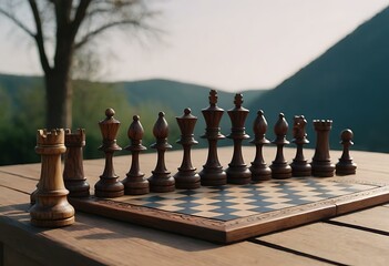 A rustic, hand-carved chess set on a wooden table