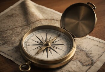 Fototapeta na wymiar An antique brass compass lying on an old map, the map spread out on a sturdy oak table, sunlight highlighting its intricate details