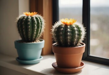 A small, colorful potted cactus on a sunny windowsill