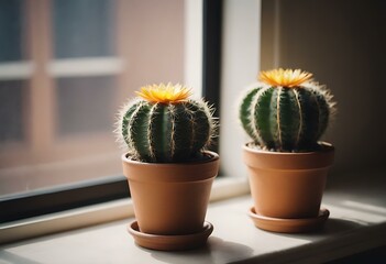 A small, colorful potted cactus on a sunny windowsill