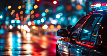 police car lights at night in city street with selective focus and bokeh