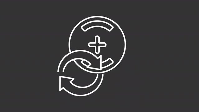 Cells recycle white line animation. Accumulator reusing animated icon. Battery eco reprocess.Energy sustainability. Isolated illustration on dark background. Transition alpha video. Motion graphic