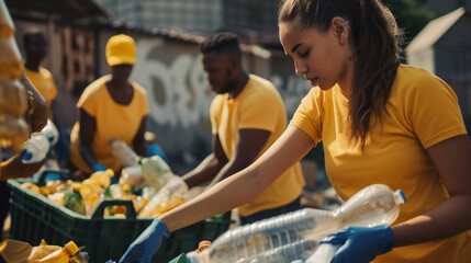 Volunteers organizing a community recycling program to promote environmental sustainability and reduce waste, with dynamic and dramatic composition, with copy space