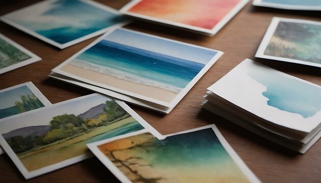 A set of watercolor postcards on a craft table, their edges curled from paint, the bright studio light inspiring more strokes of scenic beauty
