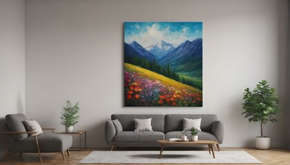 A bright, floral canvas painting on a wall