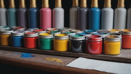 A set of vibrant acrylic paints on an artist's table, their tubes squeezed and loved