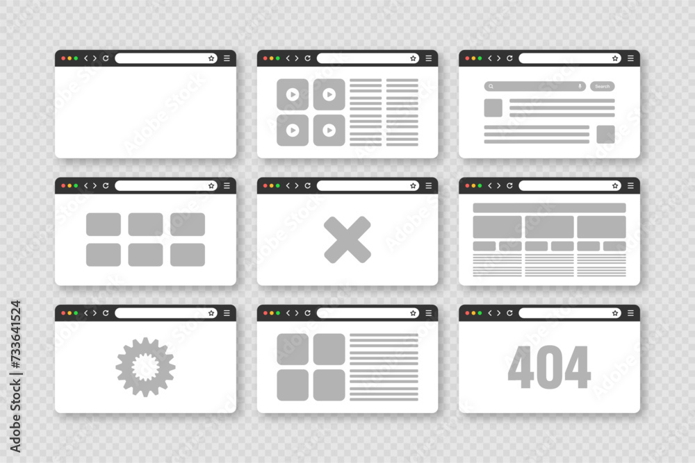 Poster web browser window, pages layout with toolbar and search field. modern website, internet page in fla