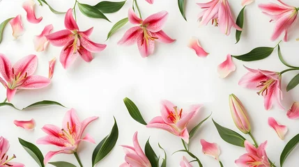 Fototapeten Beautiful lily flowers on white background, flat lay. Space for text  © PSCL RDL
