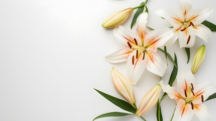 Obraz na płótnie Canvas Beautiful lily flowers on white background, flat lay. Space for text 