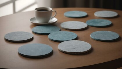 Obraz na płótnie Canvas A set of stone coasters on a coffee table, their surface cool and smooth, the soft light in the room making them a practical yet elegant touch