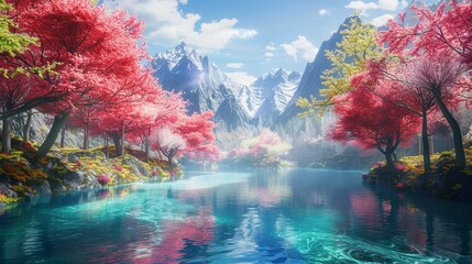 Peaceful landscape, river with crystal clear water runs between the mountain, colorful trees on the bank, spring celebration, Landscape concept, generative ai.
