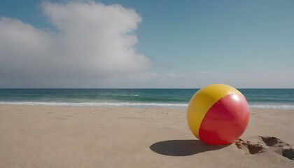 Fototapeta na wymiar A bright, inflatable beach ball on the sandy shore