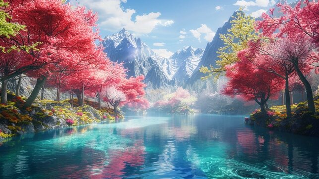 Peaceful landscape, river with crystal clear water runs between the mountain, colorful trees on the bank, spring celebration, Landscape concept, generative ai.