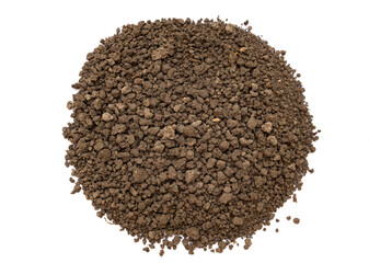 Soil piled up in a circular shape on a white background. soil sample