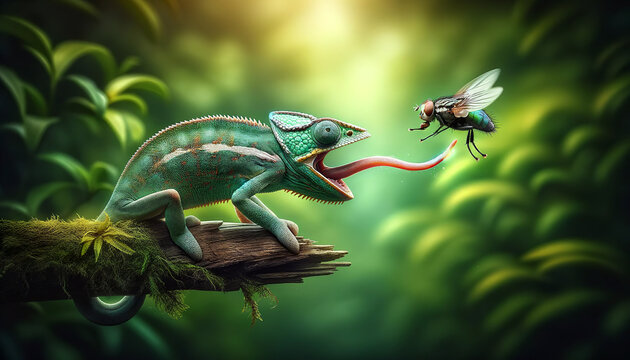 A vibrant chameleon extends its tongue to catch a fly in a lush, green jungle environment, showcasing the dynamic interaction between predator and prey.Animals behaviour concept.AI generated.