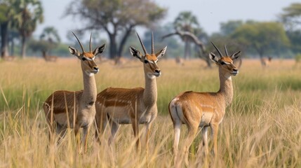 Naklejka na ściany i meble Reedbucks standing in tall savanna grass in the magical Okavango Delta in Botswana. 