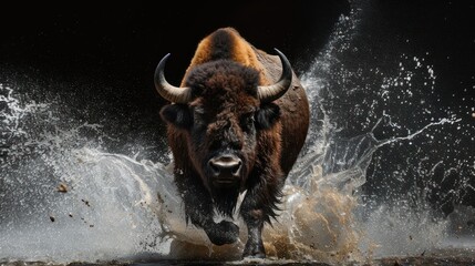 bison in full sprint in black background with water splash