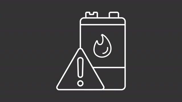 Animated battery fire white icon. Explosion risk sign line animation. Product safety regulation. Flammability hazard. Isolated illustration on dark background. Transition alpha video. Motion graphic