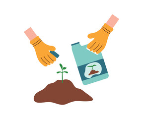 Applying fertilizers to the hole with the sprout. Hands in yellow gloves pour fertilizer into the hole with the sprout. Hand drawn vector illustration